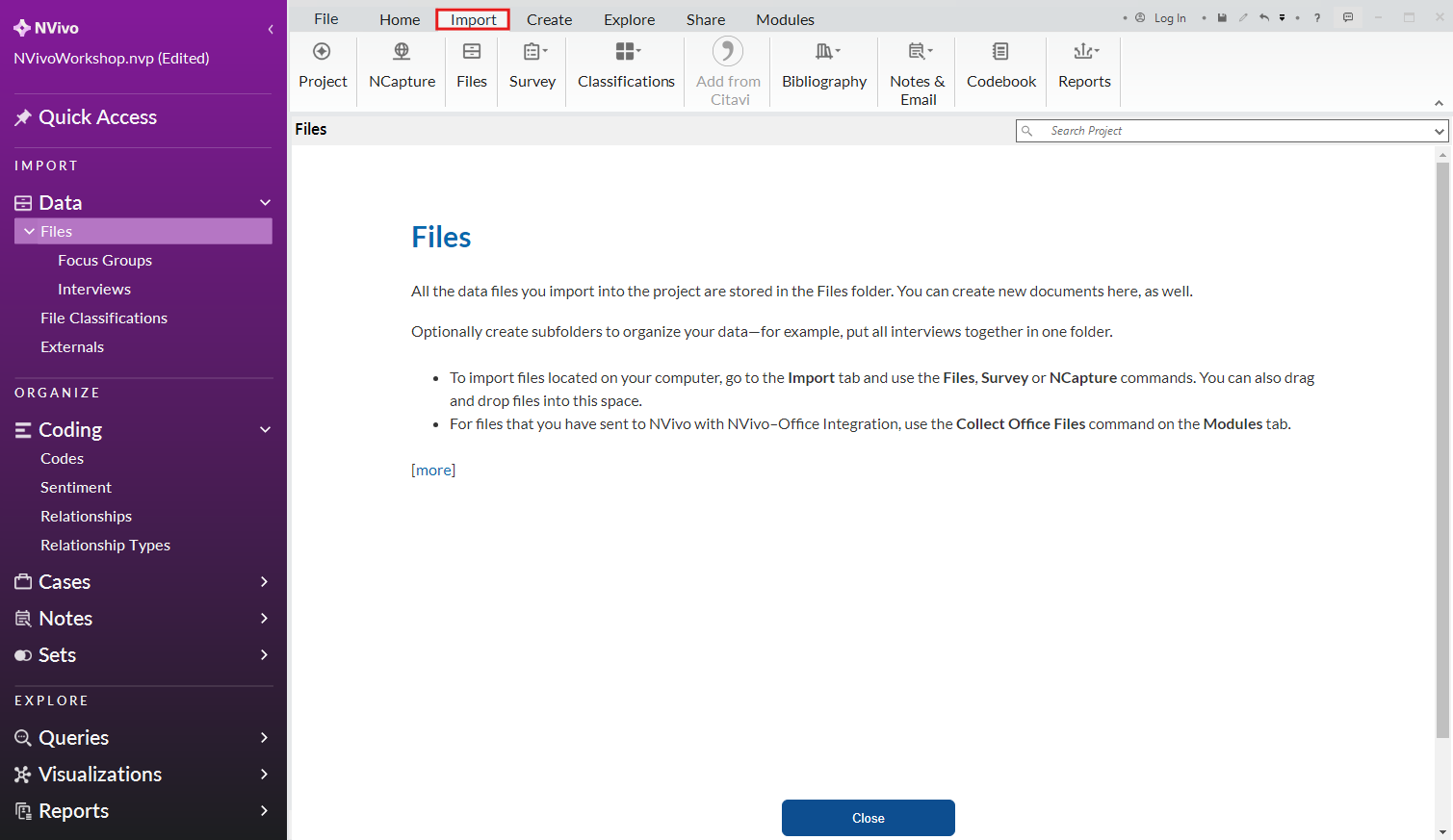 Top menu with Import outlined.
