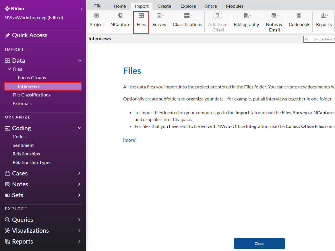 The interview folder in the left menu is selected and outlined. In the Import Ribbon, Files is outlined.