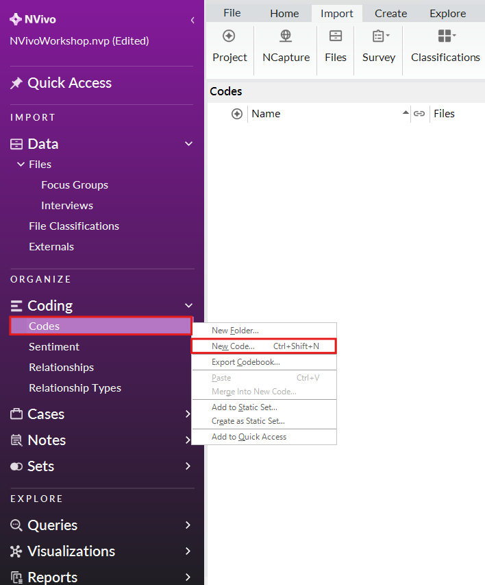 Left menu coding expanded, with the Codes context menu opened and a red box around the New Code option.