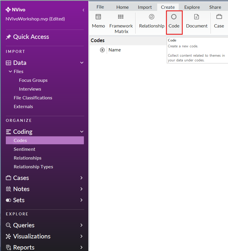 Left menu coding expanded, with the Codes context menu opened and a red box around the New Code option.