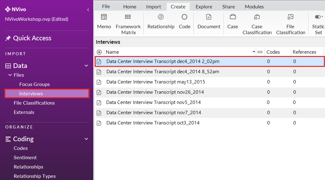 Rex box around the interview folder in the left menu and around the first interview.