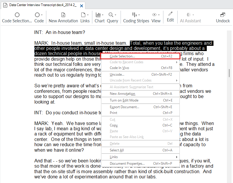 Some interview text selected, with an open context menu and a red box around code.
