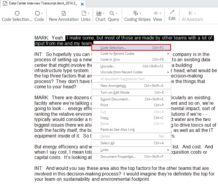 Some interview text selected, with an open context menu and a red box around code.