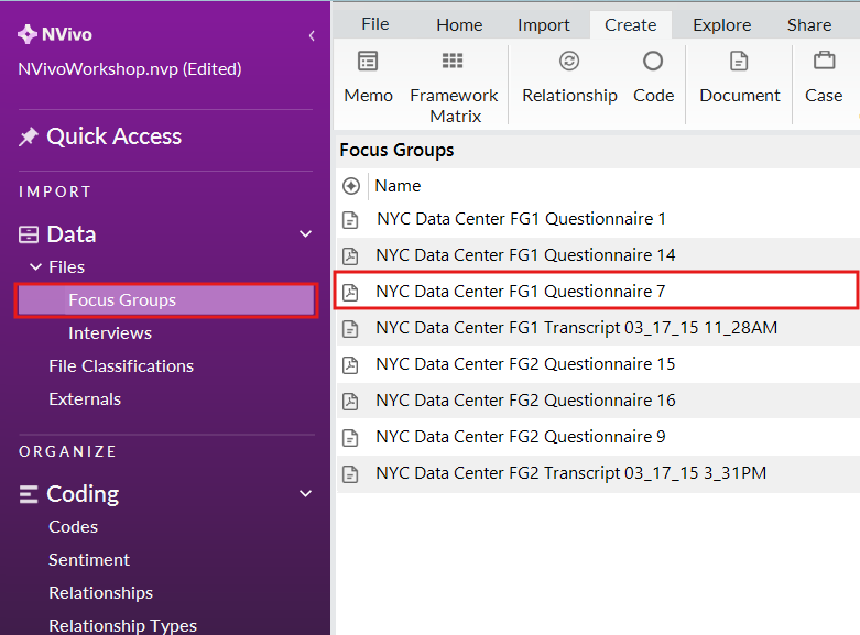 Red box around the Focus groups folder and Questionnaire 7.