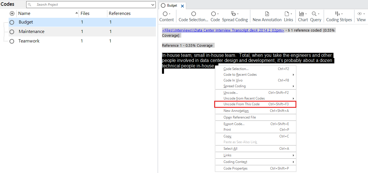 One of the node references is highlighted and the context menu has the uncode option outlined.