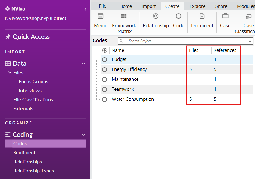 In the node list, the files and references columns are outlined.