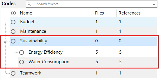 Red box around the sustainability node with the two nodes nested under it.