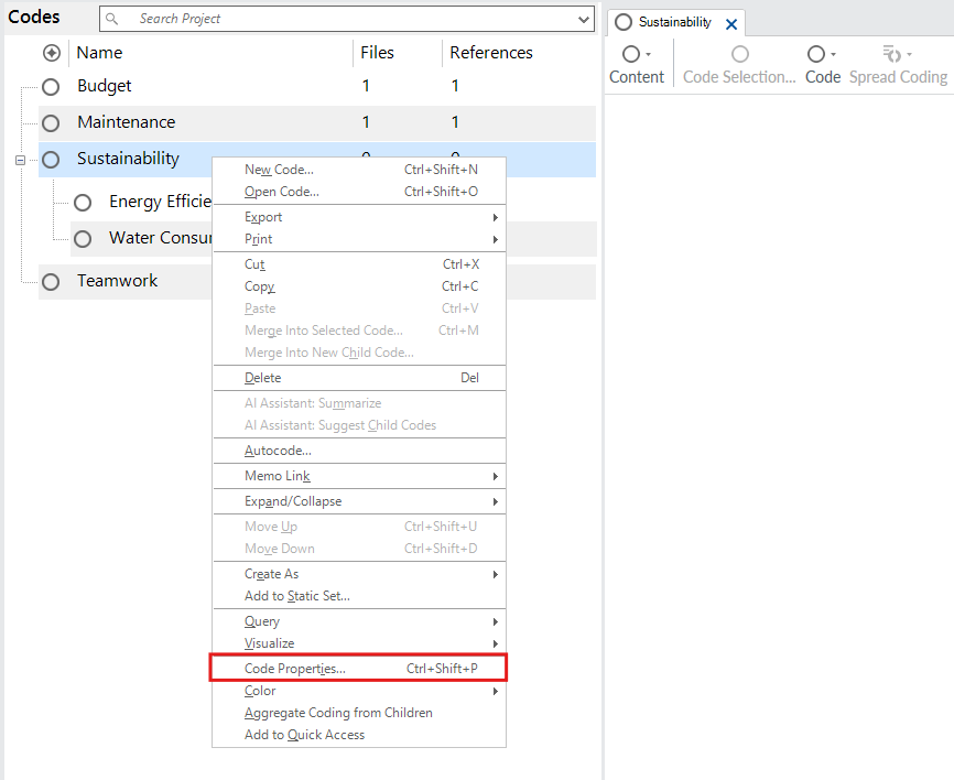 Context menu for the sustainability code with a red box around the Code Properties option.