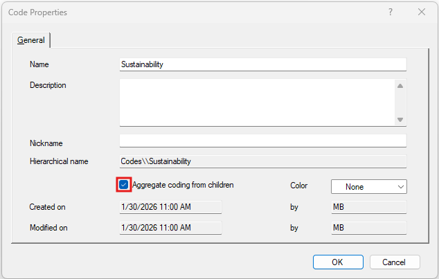 Code properties window with the Aggregate coding for children box outlined and checked.