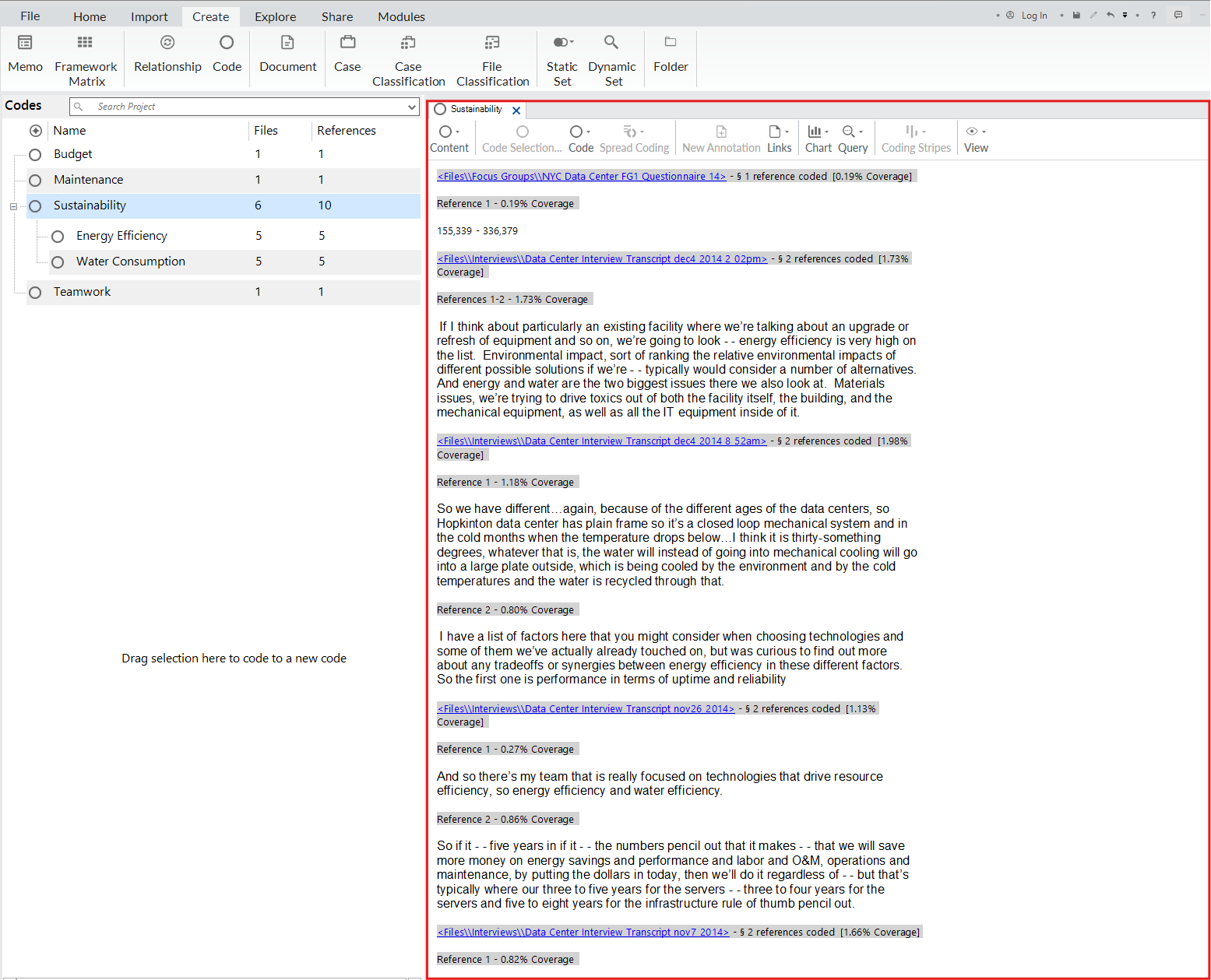 The Sustainability code opened, with all the references from child codes visible.