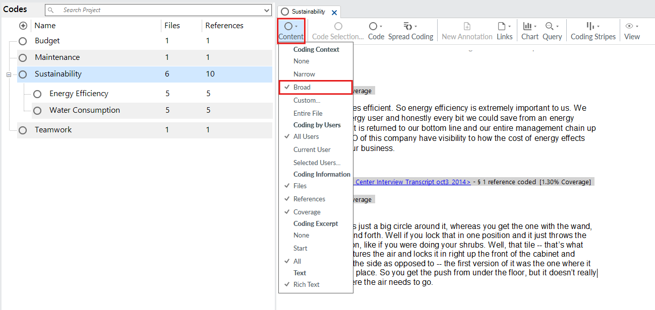 The Sustainability code text selected. In the Code ribbon, the Content drop-down menu is opened and the Broad option is outlined.