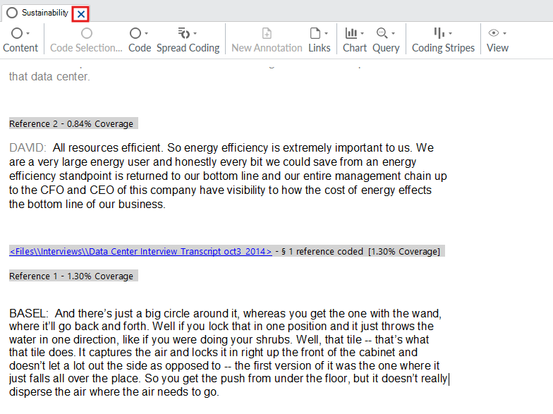 The Sustainability code opened, with grey text above and below each reference. One example outlined in red.