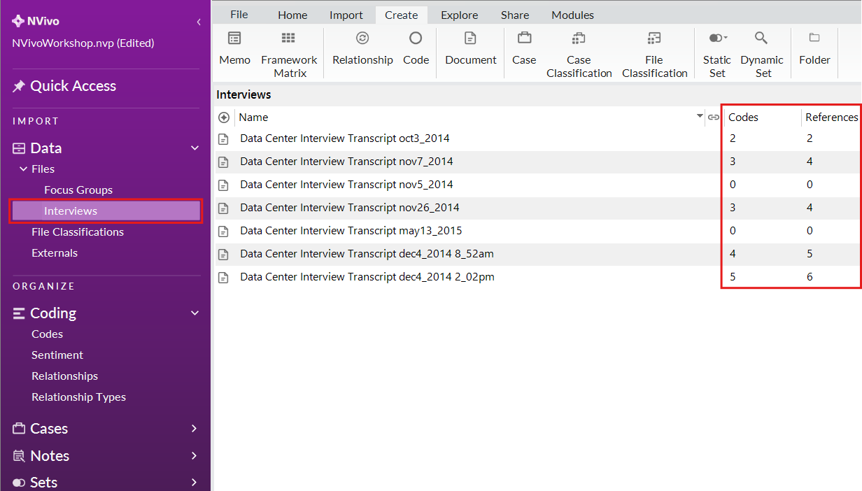 In the interviews folder, the codes and references columns are outlined.