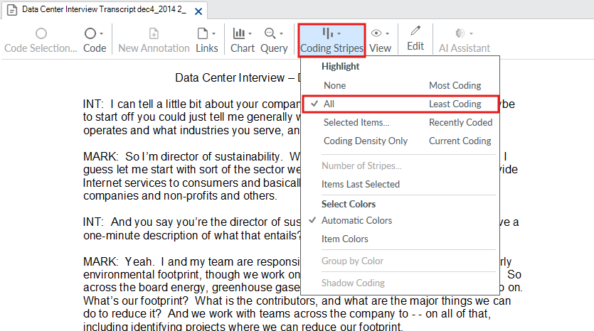 In the Document Tools ribbon, the Coding Stripes drop-down menu is open and All Coding is outlined in red.