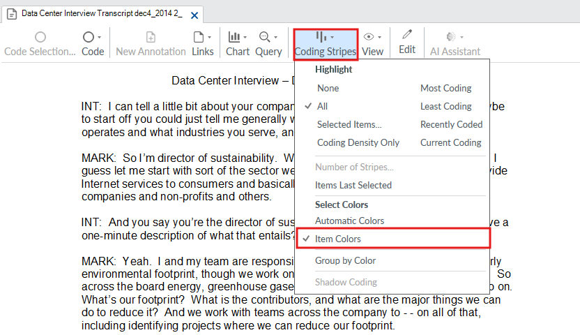 Coding stipes and Item Colors in drop-down menu highlighted in red.