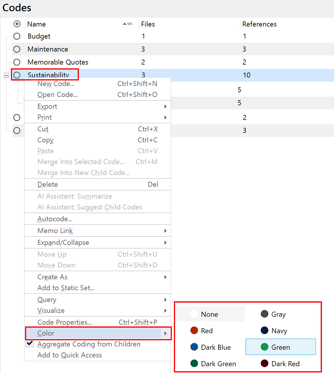 Coding stipes and Item Colors in drop-down menu highlighted in red.