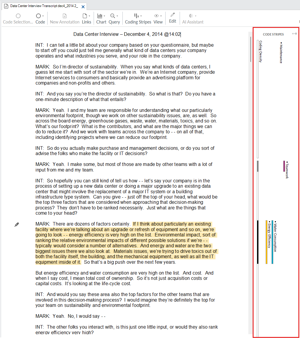 Code stripes colours shown to the right of the interview transcript.