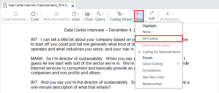 In the Document Tools ribbon, the Highlight drop-down menu is open and All Coding is outlined in red.
