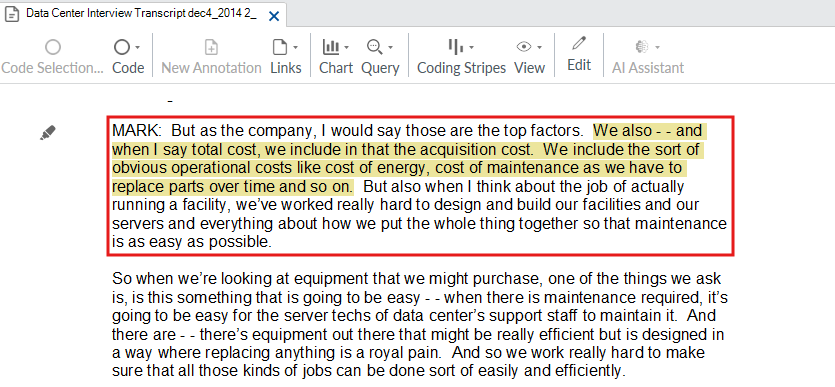 The coded transcript text is highlighted in yellow and outlined with a red box.