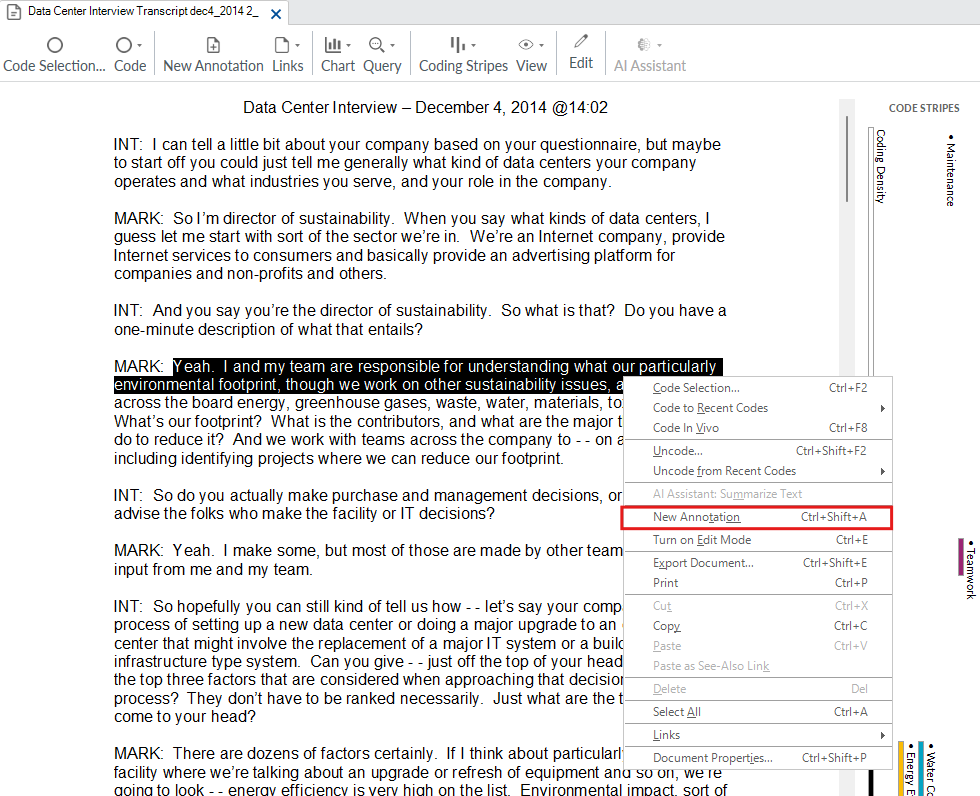 Some interview text selected, with an open context menu and a red box around New Annotation.