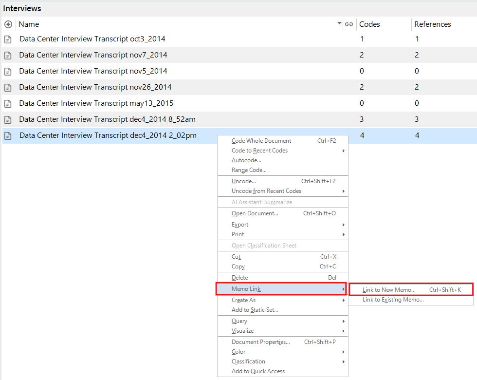 Context menu for an interview with the Memo link side pop-up menu open and Link to New Memo... outlined in red.