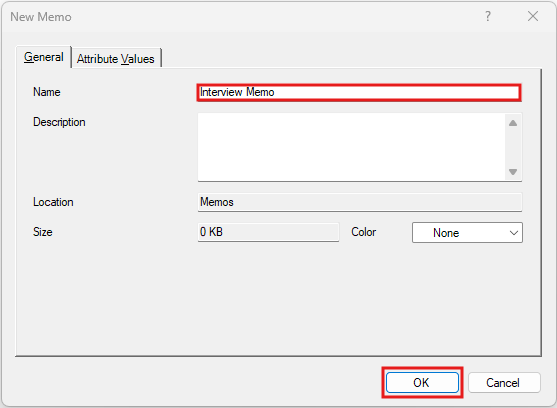 New Memo window, with the name field and OK outlined in red.