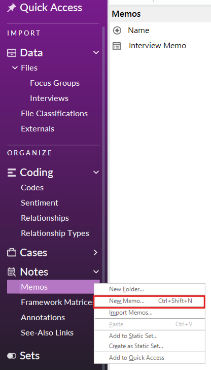 Memos folder context menu with the New Memo option outlined in red.
