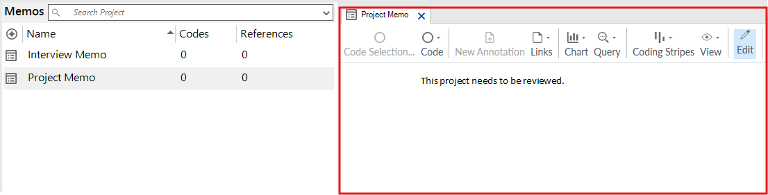Red box around the Project Memo tab.
