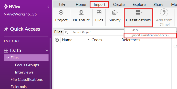 Red box around the Import Ribbon and the Import Classification Sheet button.