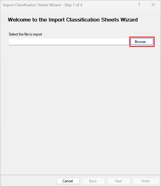 Import Classification Window with the browse button outlined in red.