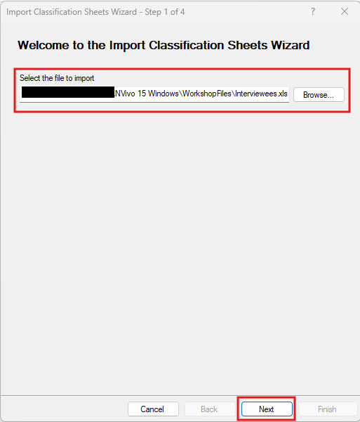Import Classification Window with the browse field completed, and Next outlined in red.