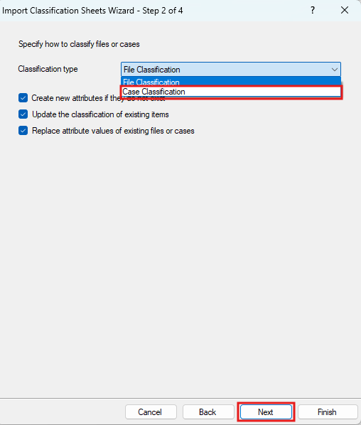 Import Classification Window with the classification type drop down menu open and the Case Classification option selected and outlined in red.