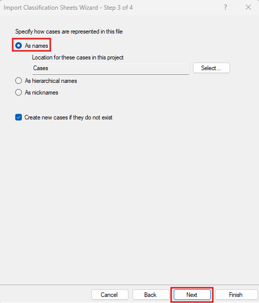 Import Classification Window with As names selected and Next outlined in red.