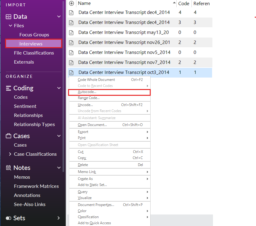 In the interviews folder, a context menu for the last transcript is open with Auto Code... highlighted.