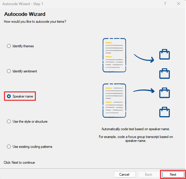 Auto Code Wizard Window with the Speaker name option selected and outlined in red. The Next button is highlighted.