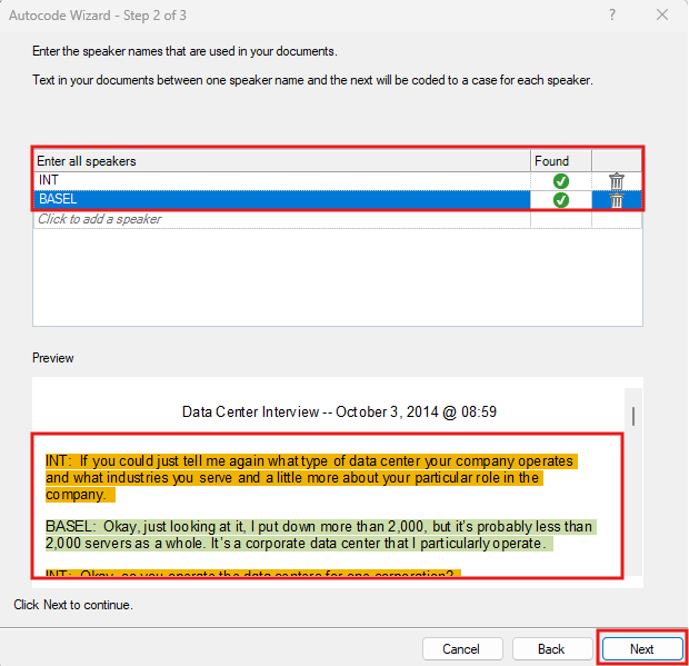 Auto Code Wizard Window with the a red box around the Enter all Speakers field, Preview, and the Next button.
