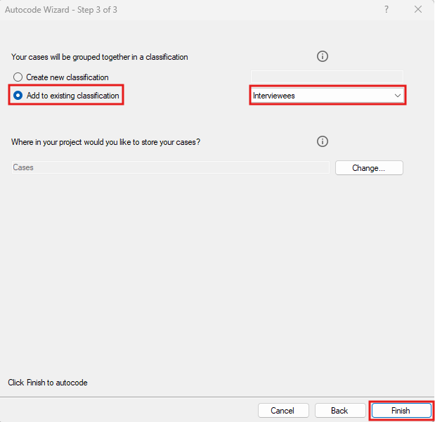 Auto Code Wizard Window with a red box around Add to Existing classification and finish.
