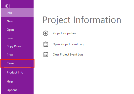 In the file menu, red box around Close.
