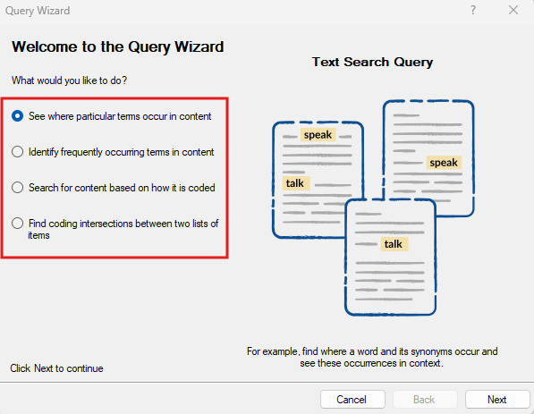 Query Wizard window with a red box around the four options on the left.