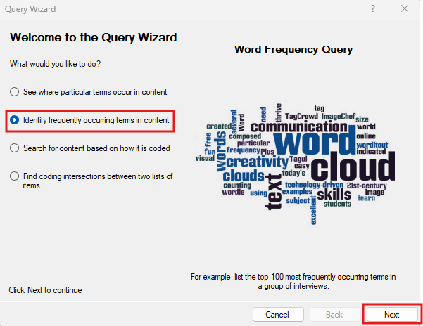 Query Wizard window with the second option selected and outlined in red. A red box around Next.