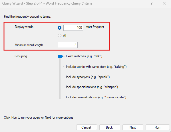 In the word frequency Query criteria pop up, the display words are set to 100 and the minimum word length is set to 3. a red box surrounds the two sections. 