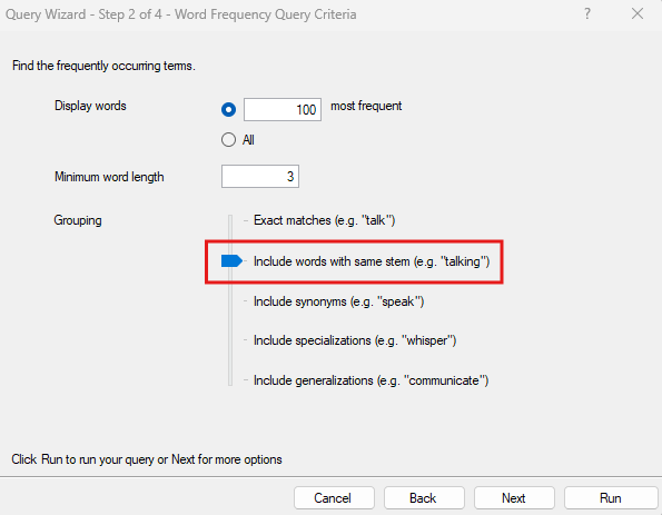 Query Wizard Window with the grouping settings outlined in red.