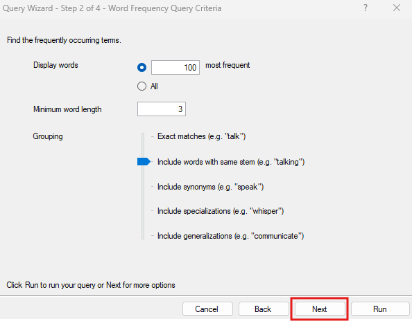 Query Wizard window with Next outlined in red.