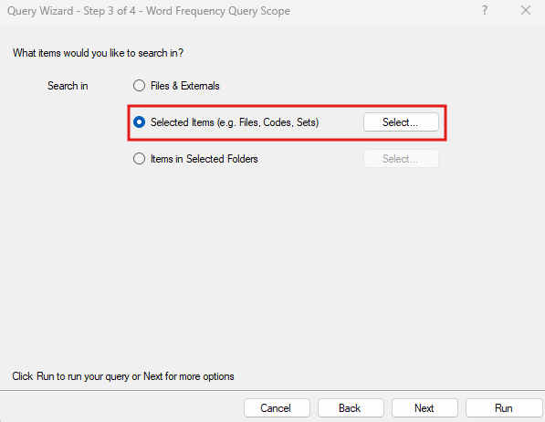 Query Wizard window with Selected Items outlined in red and selected, and a red box around Select...