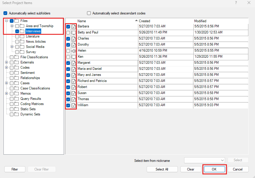 Select Project Items window, File expanded and the Interviews folder selected. Red Box surrounding the file selection, with only the documents selected. Red box around OK.