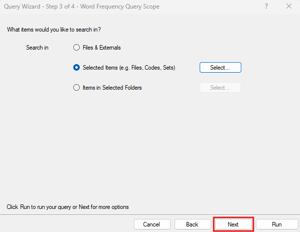 Query Wizard window with red box around Next.