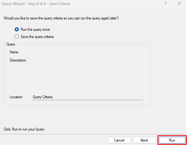 Query Wizard window with red box around Run.