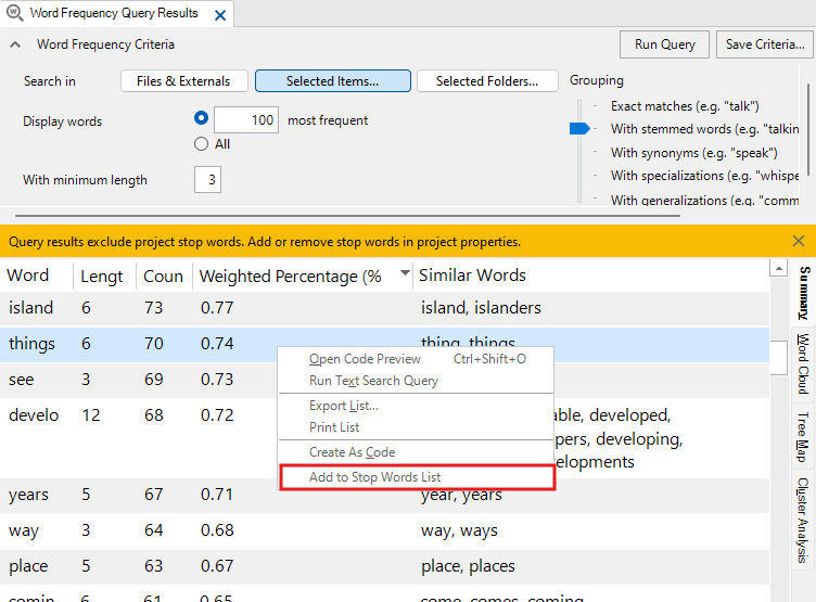 In the results summary, context menu for the word Things open, with the Add To Stop Words option highlighted. Red box around Run Query.