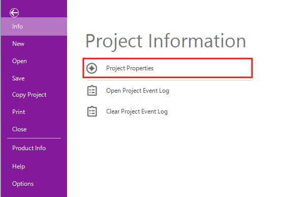 Project Properties highlighted under Project Information.