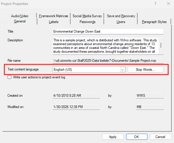 Project Properties window with the General tab open. Red box around the Text content language and Stop Words...